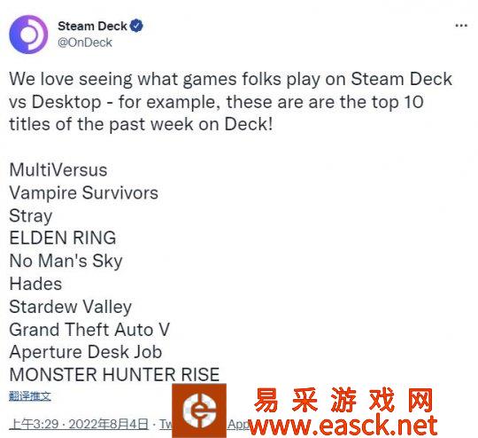 V社公布Steam Deck上周游玩人数TOP10游戏