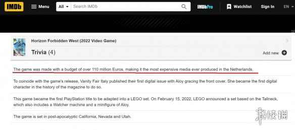 IMDb曝《地平线：西部禁域》开发预算超1.1亿欧元！