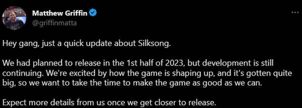 《空洞骑士》开发团队表示将推迟“丝之歌”的上市时间