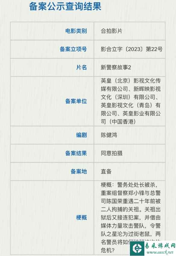 《新警察故事2》备案公示！成龙谢霆锋蔡卓妍等出演