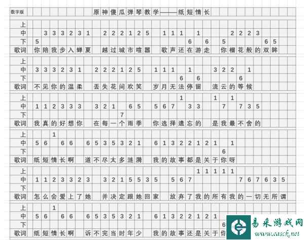 《原神》纸短情长琴谱简谱图片分享