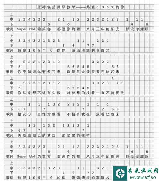 《原神》热爱105°C的你琴谱简谱分享