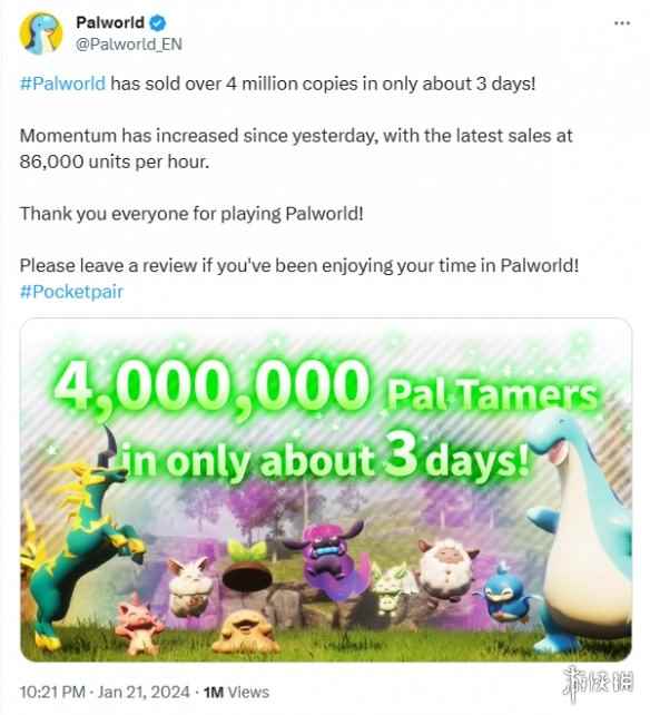 游侠早报：《幻兽帕鲁》3天销量破400万份！官方都惊了