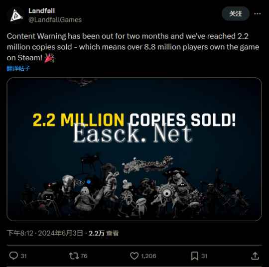 《内容警告》售出220万份 2个月内获得880万名玩家