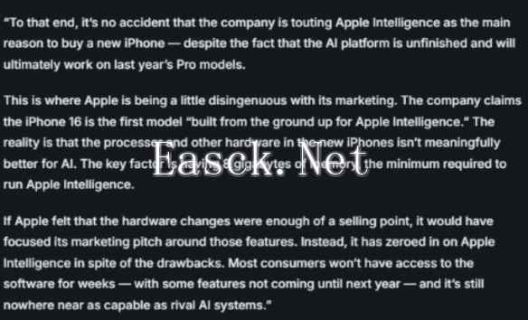 iPhone16硬件并不会明显改善AI功能 苹果被指太虚伪！