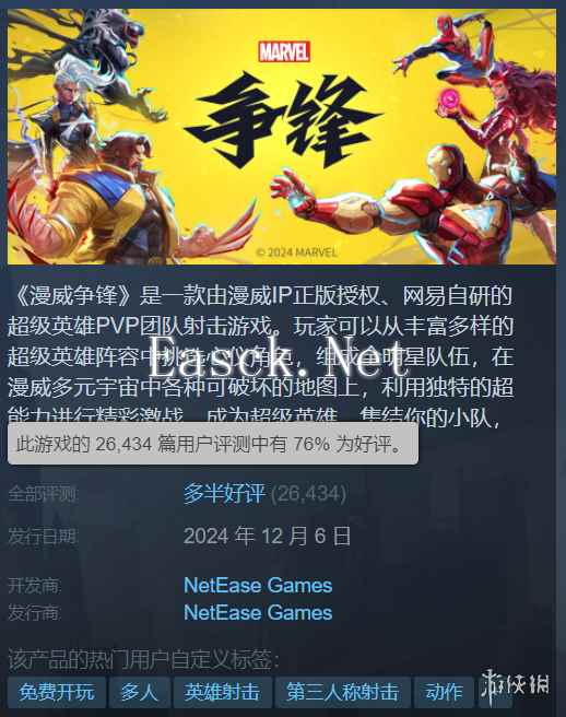 《漫威争锋》在线人数峰值突破45万！Steam多半好评